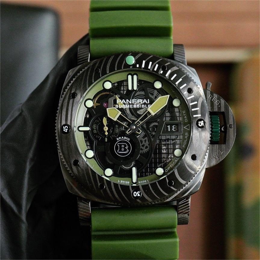 Panerai Submersible Men Automatic Green Rubber Watch PAM01232 Carbon Brabus